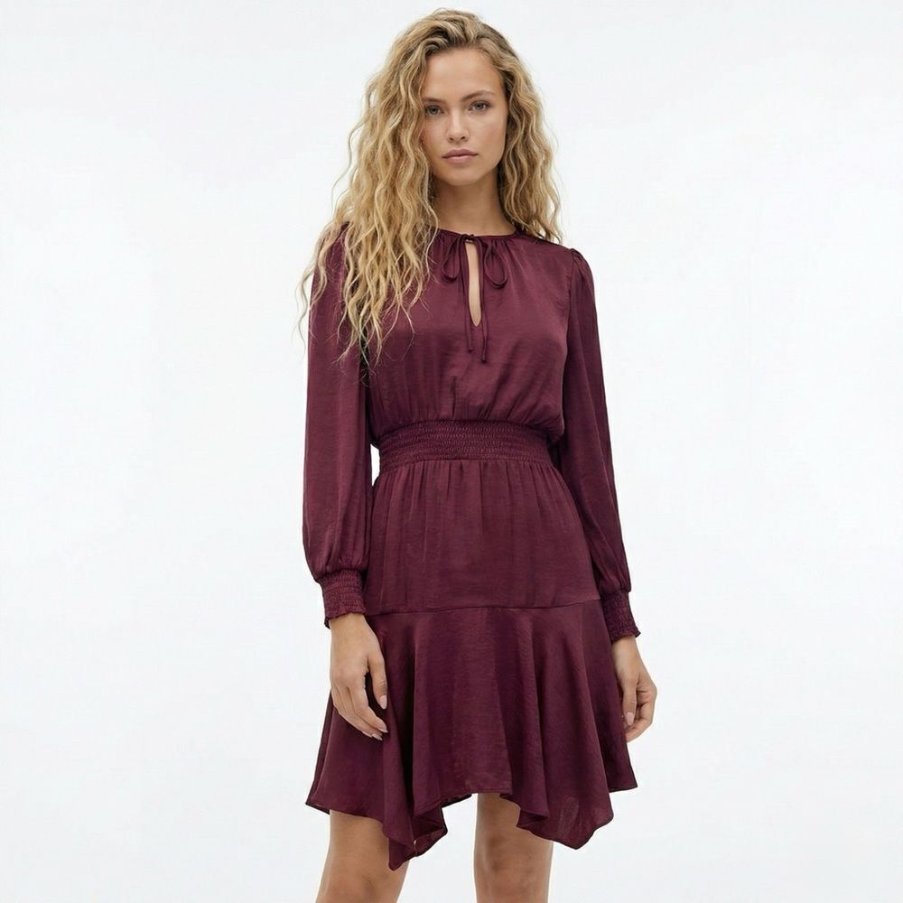 Sam Edelman Dress 8 Burgundy Smocked Tie Neck Ruffle Mini Boho Work Party NWT